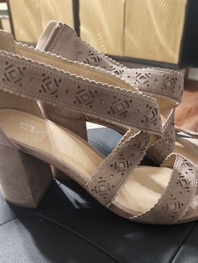 CL by Laundry Taupe Laser-Cut Scalloped Block Heel Sandals
